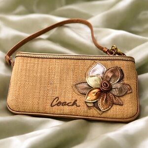 COACH Khaki/Brown Basketweave Wristlet with Floral